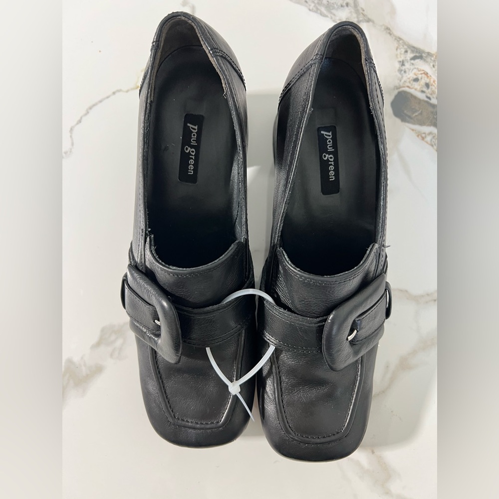 Paul Green ROBIN HEEL SQUARE TOE LOAFER BUCKLE BLACK LEATHER  US-4.5